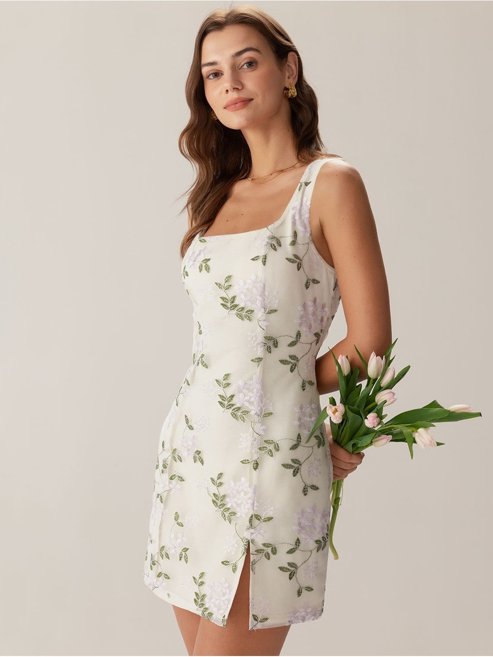 Floral Square-Neck White Mini Dress